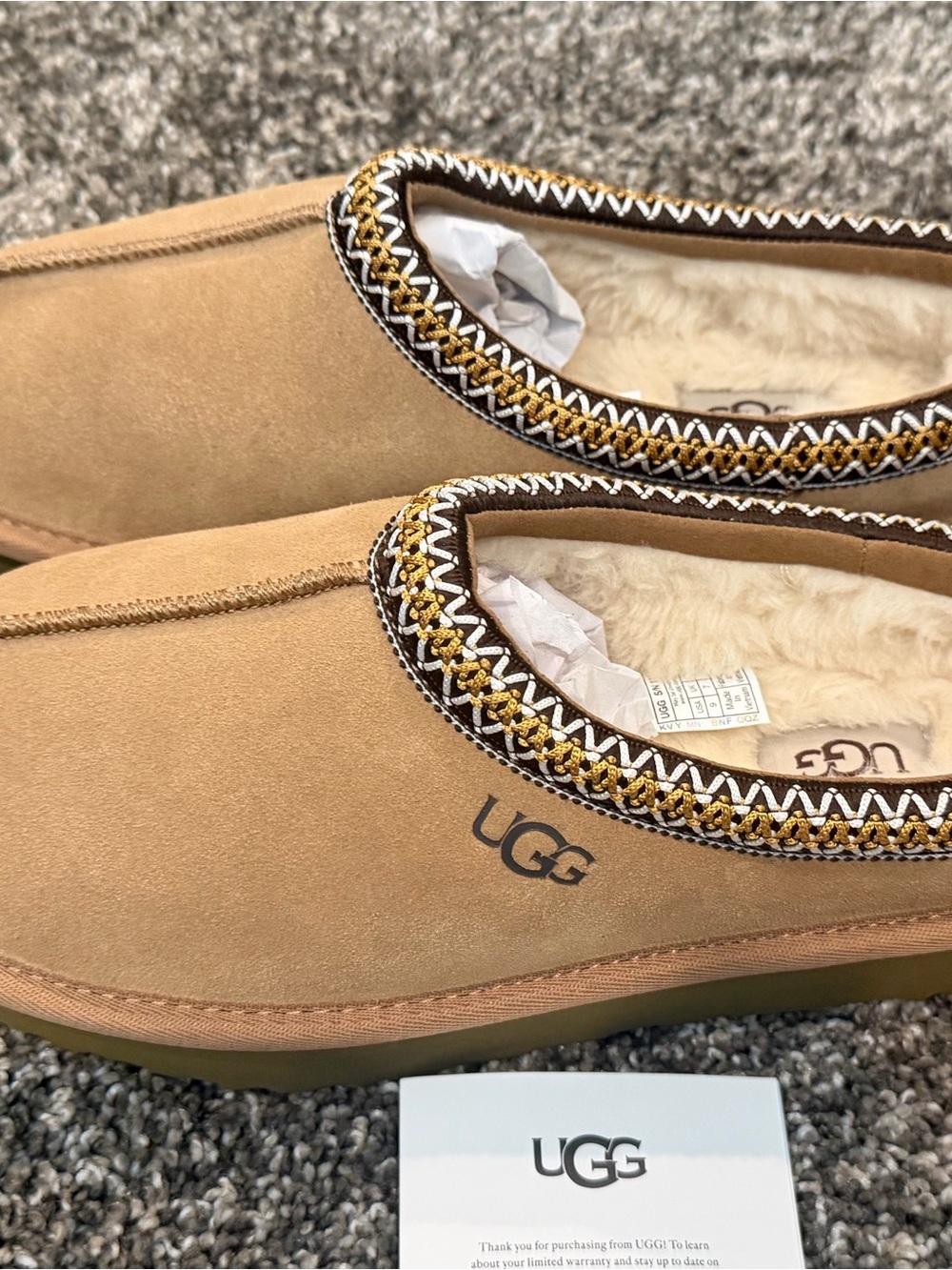 Brand newUGG Chestnut Brown Suede Shearling Moccasin Slippers with Metallic Trim